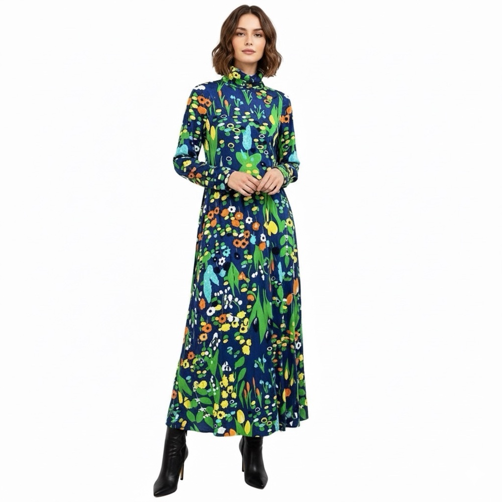 Saks Fifth Avenue • Vintage Floral Ruched Mock-Neck Maxi Dress Size M